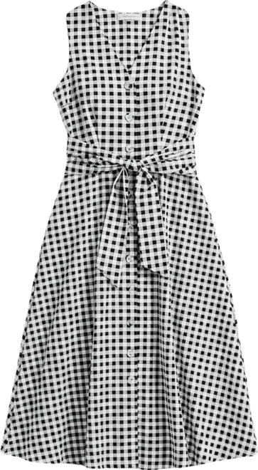 Liz Claiborne Women's Midi V Neck Sleeveless Gingham A-Line Dress | Black | Women's Large | Dresses A-Line Dresses | Belted
