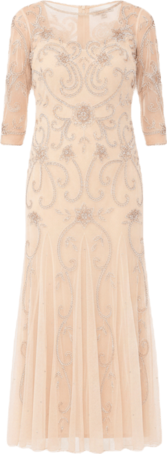 pisarro nights 3 4 sleeve beaded dress Pissaro Nights Beaded V Neck Mesh 3/4 Sleeve