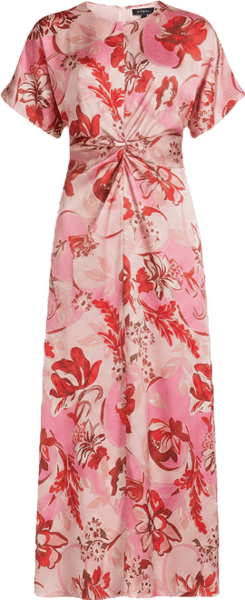 antonio melani gabriella crew neck short sleeve satin maxi dress Antonio Melani Gabriella Satin Floral Print Ruched Crew Neck Short Sleeve  A-Line Maxi Dress