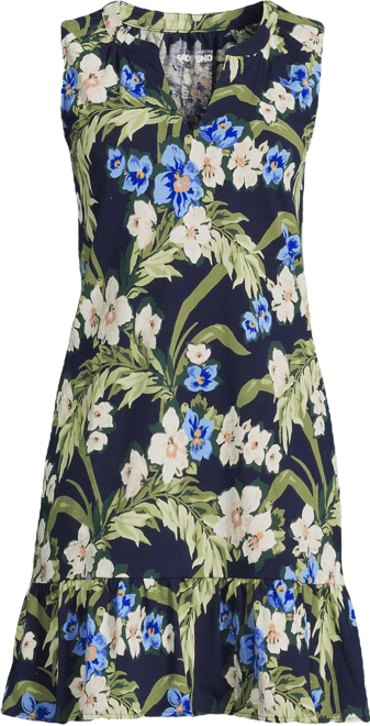 Lands' End Women's Sleeveless Cotton Jersey Notch Neck Flounce Dress - Cherry Fuchsia