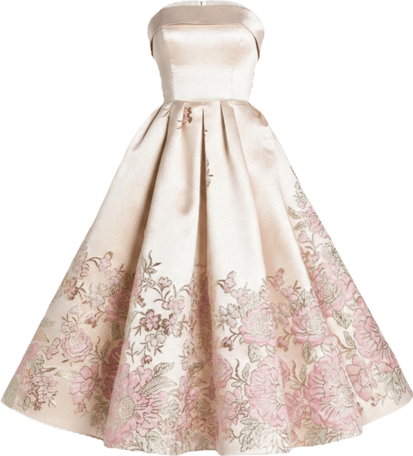 pink floral brocade strapless a line midi dress Badgley Mischka Scuba Applique Midi Dress