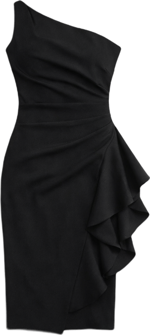 xscape women's ruffled ruched midi dress Xscape Plus Size Scuba Crepe V-Neck Sleeveless Wire Ruffle Trim Ruched Back  Midi Dress