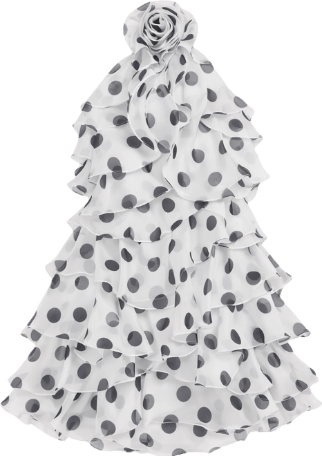 mac duggal halter polka dot ruffle charmeuse maxi dress Mac Duggal Strapless Polka Dot Charmeuse Ruffle Gown