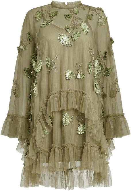 embellished long flare sleeve mesh a line dress Green Embellished Long Sleeve Trapeze Dress with Ruffle Hem