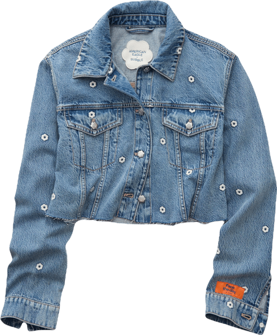 AE x Bubble Embroidered Cropped Denim Jacket | American Eagle