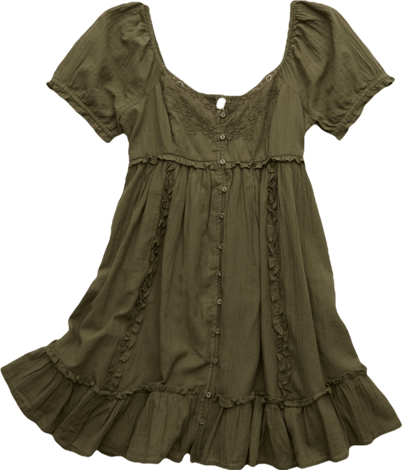 AE Babydoll Puff-Sleeve Embroidered Mini Dress Women's Olive Moss L