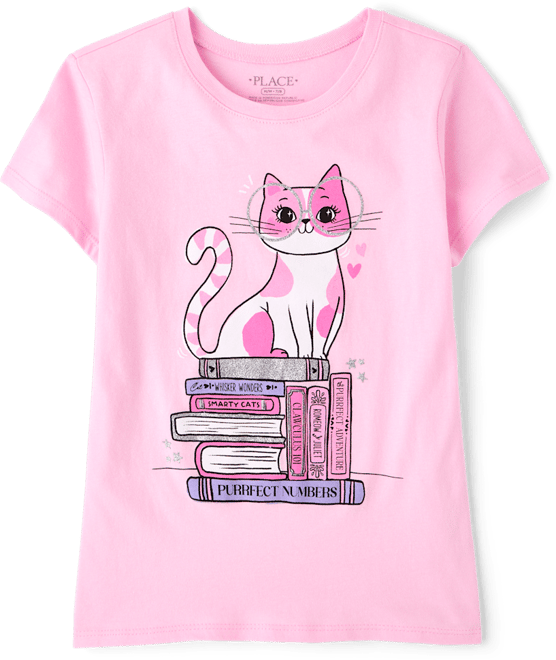 Girls Short Sleeve School Cat Books Graphic Tee - PINK | The