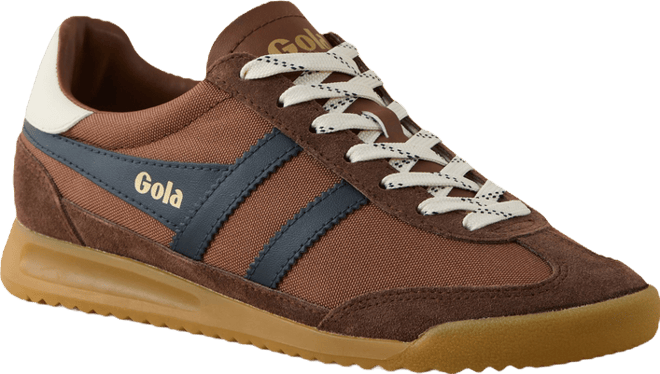 gola tornado tobacco '88 Mesh Trainers, Navy/Tobacco/Off White set on a two AE x Gola Tornado Sneaker