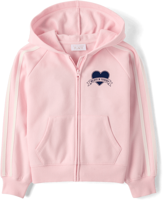 Girls Active Long Sleeve Graphic Side Stripe Premium Fleece Zip Up