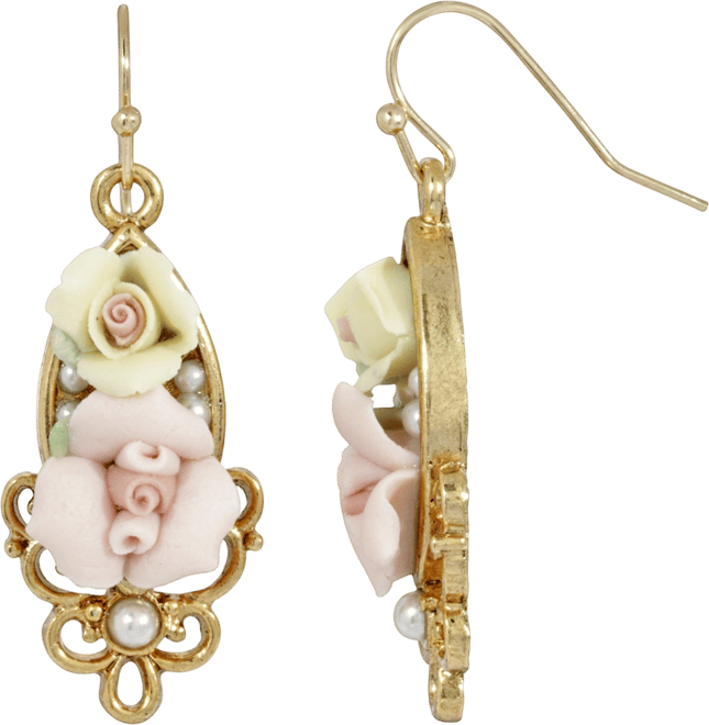 Women's Gold Tone Pink Yellow Porcelain Rose Flowers Drop Wire Earrings