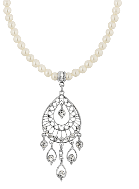 Silver-Tone Crystal Filigree Drop On Imitation Pearl Necklace