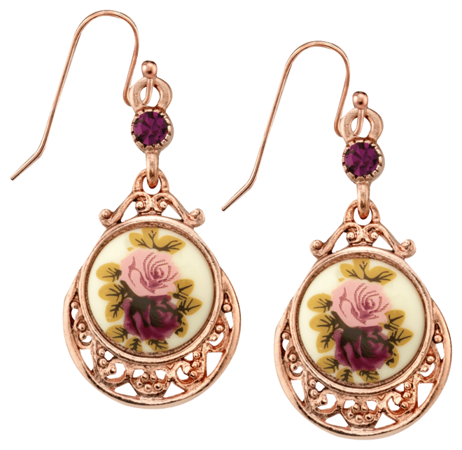 Rose Gold Tone Purple Crystal Flower Drop Earrings