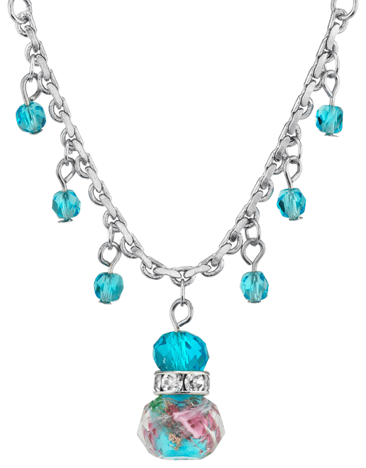 Silver Tone Aqua Pink Flower Beaded Drop Necklace 16" Adjustable