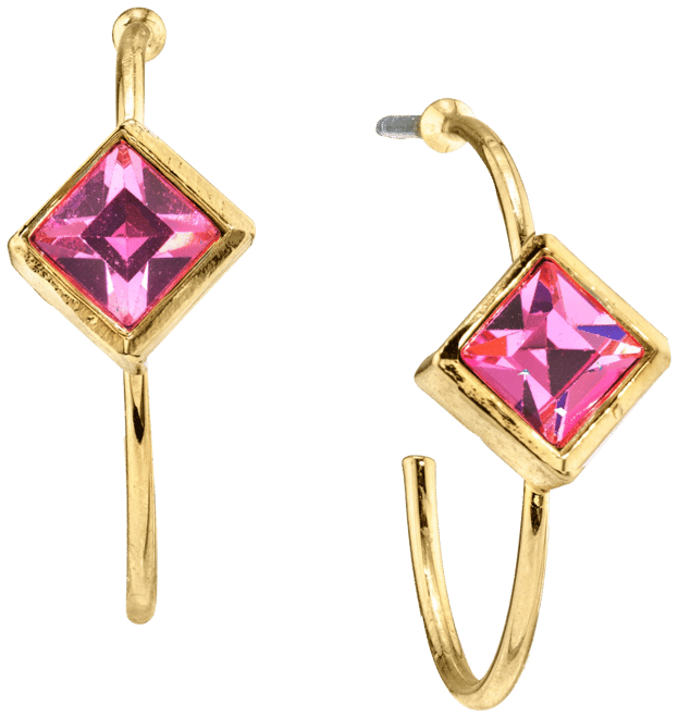 14K Gold-tone Diamond Shape Crystal Open Hoop Stainless Steel Post Small Earrings