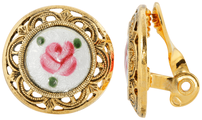 Gold Tone with Flower Decal Stone Clip Earrings