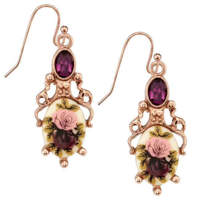 Rose Gold-Tone Purple Crystal Flower Drop Earrings