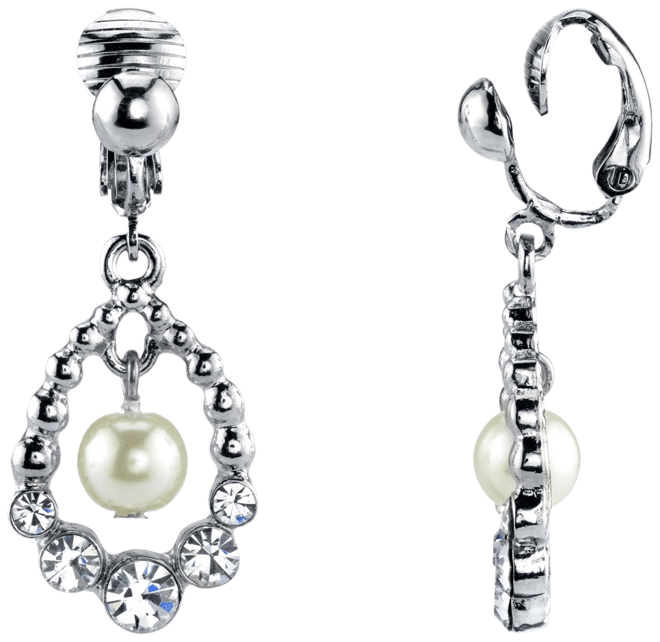 Silver Tone Imitation Pearl and Crystal Clip Drop Earrings