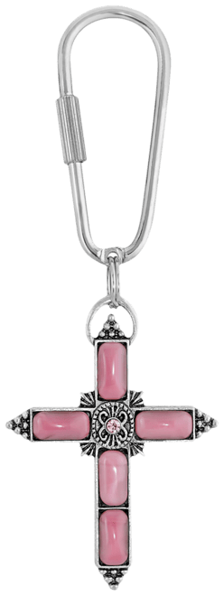 Silver-Tone Pink Moonstone Pink Crystal Cross Key Chain