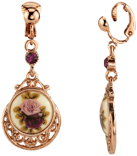Rose Gold Tone Purple Crystal Flower Clip Drop Earrings