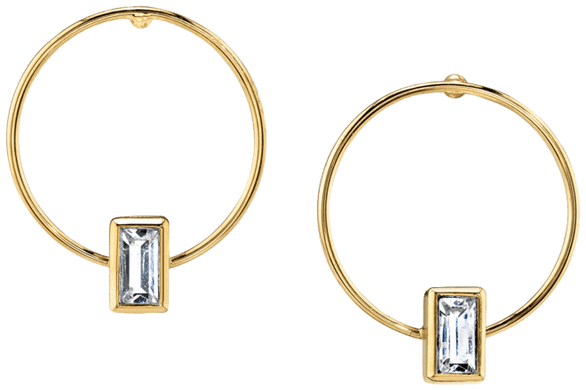 14K Gold-tone Rectangle Crystal Hoop Stainless Steel Post Small Earrings