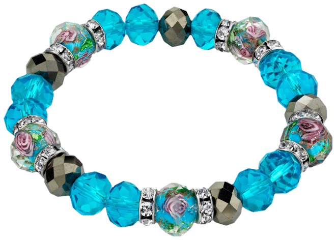 Silver Tone Aqua Pink Flower Crystal Stretch Beaded Bracelet