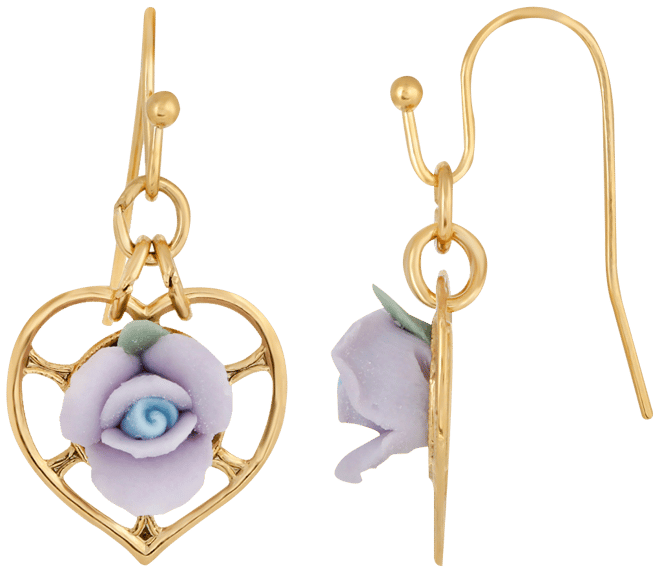 14K Gold-Dipped Heart and Porcelain Rose Earrings