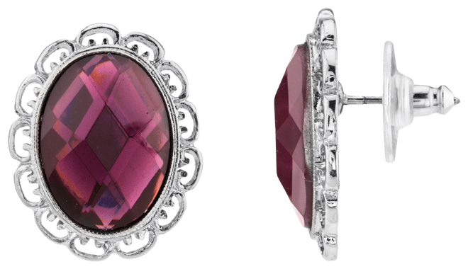 Silver-Tone Stone Faceted Oval Button Earrings