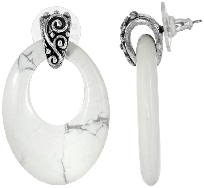 Pewter Semi Precious Oval Howlite Hoop Earrings