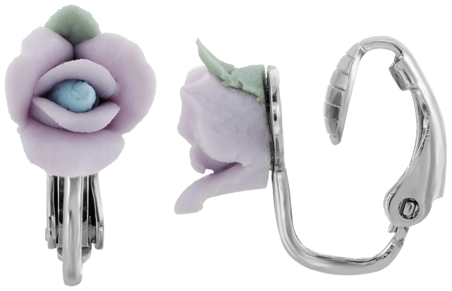 Silver Tone Porcelain Rose Clip-on Earrings