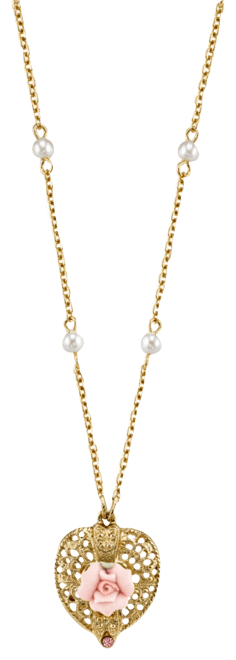 Gold-Tone Pink Crystal Heart and Pink Porcelain Rose Filigree Necklace 16" Adjustable