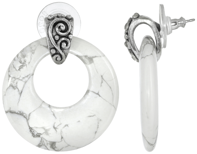 Pewter Semi Precious Round Howlite Hoop Earrings