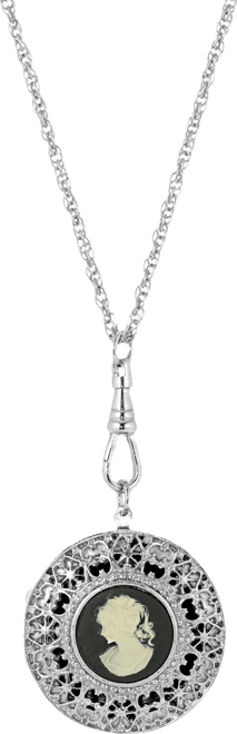 Women's Silver Tone Black Cameo Round Filigree Locket Necklace