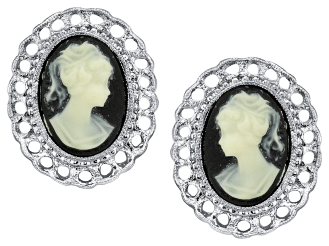 Silver-Tone Black Cameo Oval Filigree Clip Button Earrings