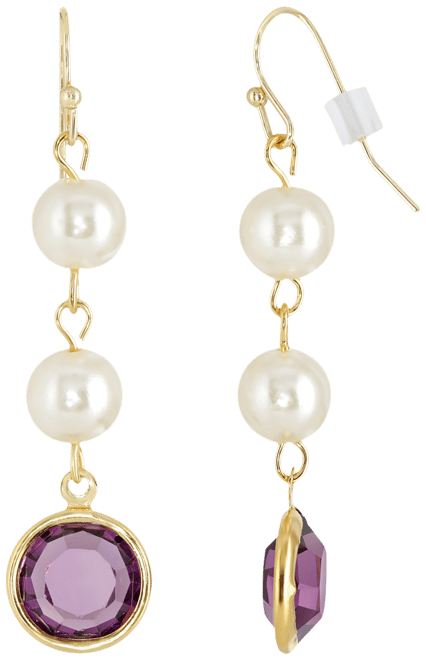 Gold-Tone Imitation Pearl with Purple Channels Drop Earring