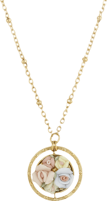 Women's Gold Tone Yellow Porcelain Flower Round Drop Necklace