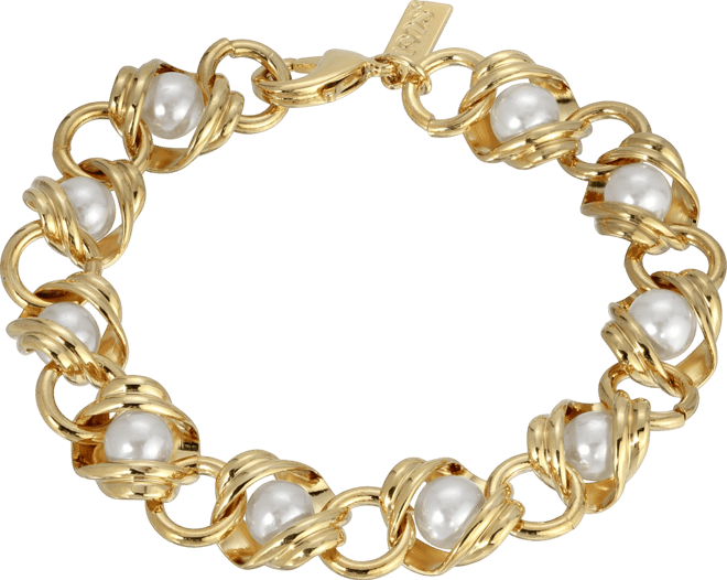 Women's 14K Gold-tone Chain with Imitation Pearl Inset Link Bracelet