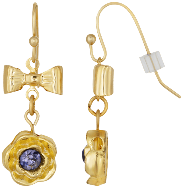 Gold-Tone Purple Flower Bow Drop Earrings