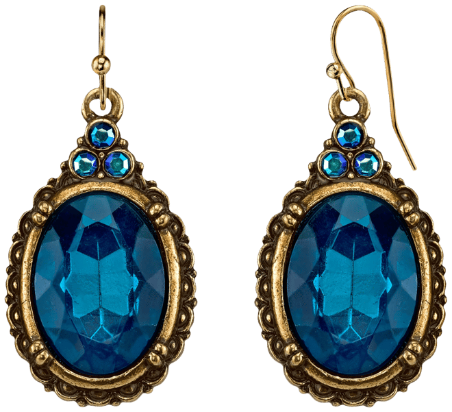 Burnished Brass-Tone Indicolite Blue Color and Ab Accent Oval Drop Wire Earrings