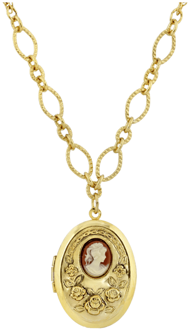 Carnelian Cameo with Flowers Oval Locket Necklace