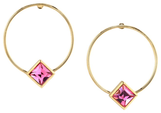 14K Gold-tone Diamond Shape Crystal Hoop Stainless Steel Post Small Earrings