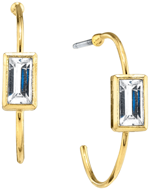 14K Gold-tone Square Crystal Open Hoop Stainless Steel Post Small Earrings