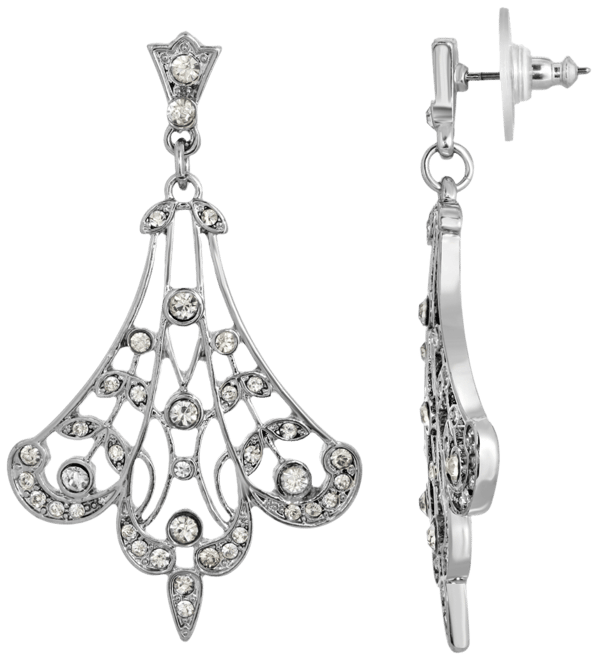 Silver-Tone Crystal Fan Filigree Drop Earrings