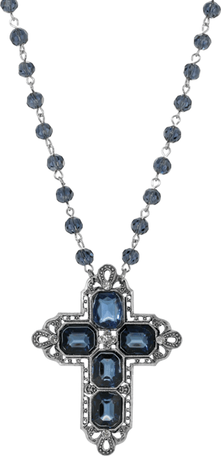 Women's Pewter Rectangle Sapphire Blue Color Crystal Cross Beaded Necklace