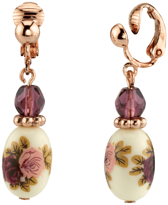Rose Gold Tone Purple Crystal Bead Flower Drop Clip Earrings