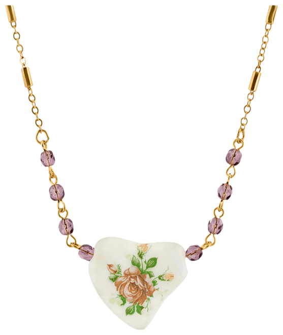 Beaded Heart with Pink Floral Decal Necklace