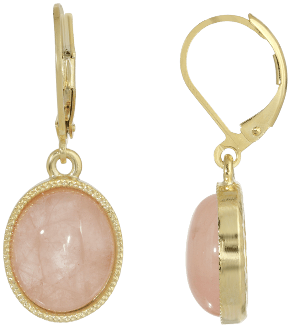 14K Gold Plated Rose Quartz Semi Precious Oval Drop Earrings