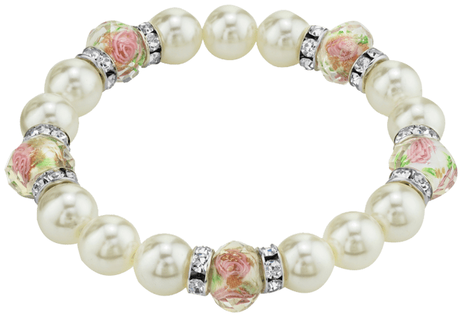 Silver Tone Faux Pearl Pink Flower Beaded Stretch Bracelet