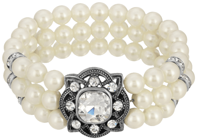 Silver-ToneTone 3-Row Imitation Pearl and Crystal Strectch Bracelet