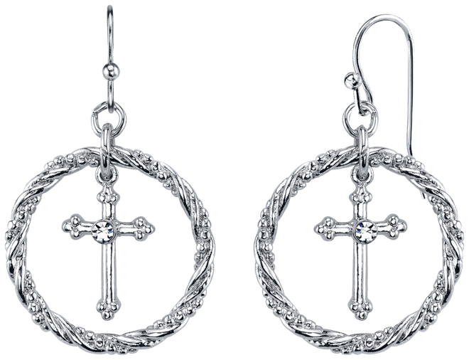 Silver Tone Suspended Cross Hoop Drop Earrings