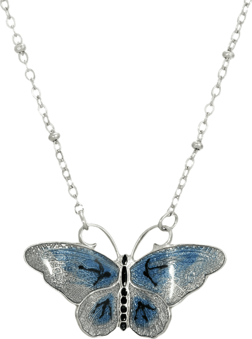 Women's Silver Tone Blue and Black Enamel Butterfly Necklace